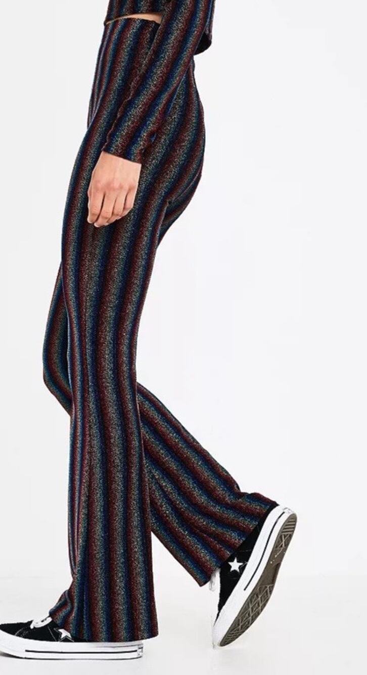 Urban Outfitters Glitter Metallic Rainbow Stripe Flare Trousers Pants Size M